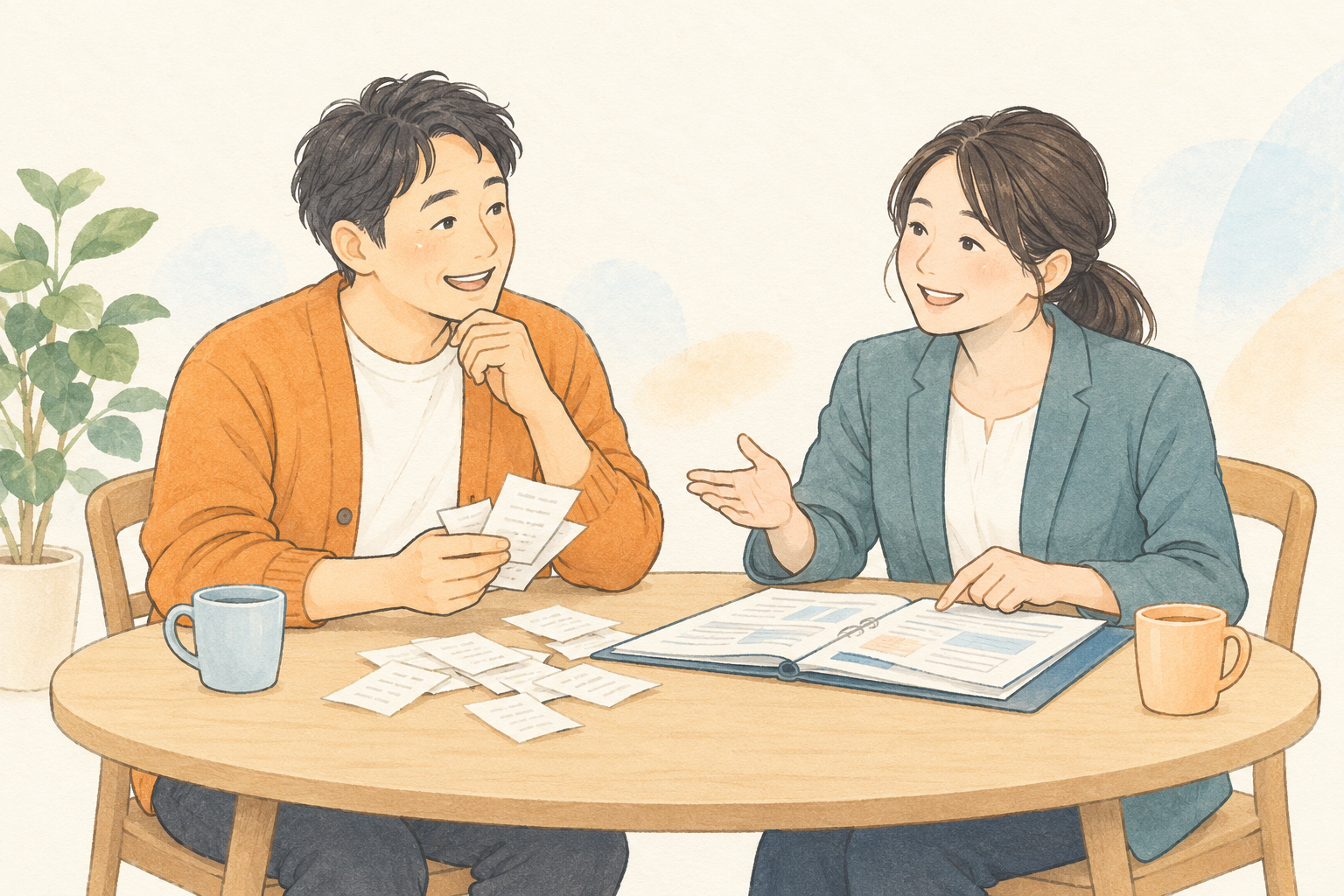 書類を見ながら、経理の困りごとを気軽に相談する様子のイラスト